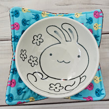 Load image into Gallery viewer, Bunnies on Blue and Ditsy Floral - Reversible 100% Cotton Bowl Cozy
