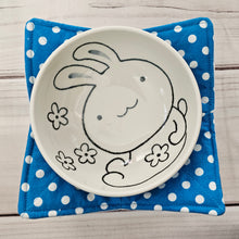 Load image into Gallery viewer, Bunnies &amp; Chicks on Light Blue with Polka Dots - Reversible 100% Cotton Bowl Cozy
