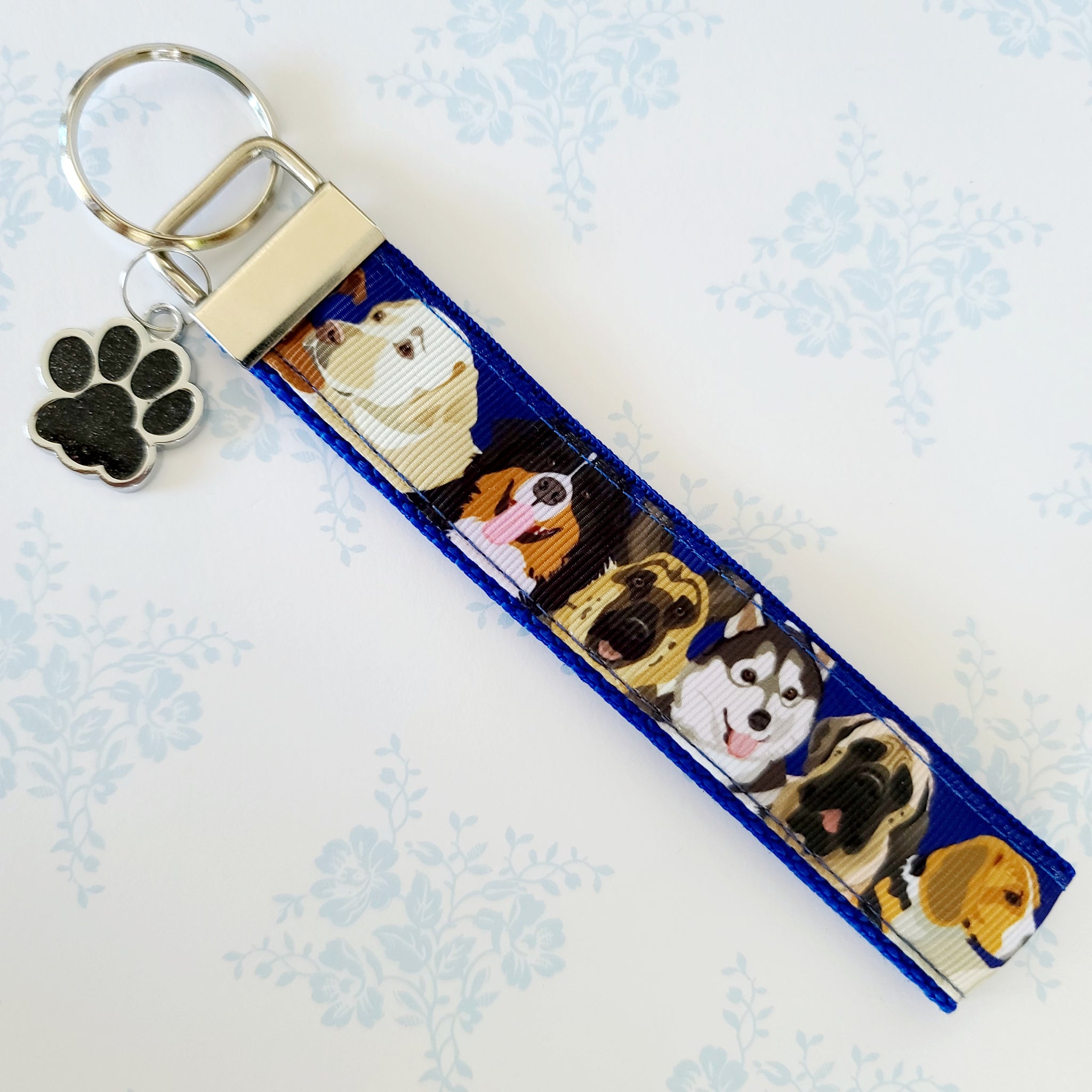 Dog Boxer Key Fob / Key Chain with Enameled Paw Print Charm