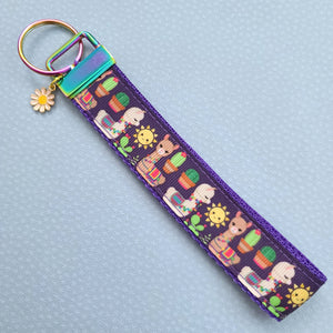 Llamas and Cactus on Rainbow Key Chain Fob with Enameled Flower Charm