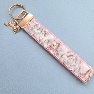 Horses with Wreaths Glittery Key Chain Fob on Pink Rose Gold and Rose Charm