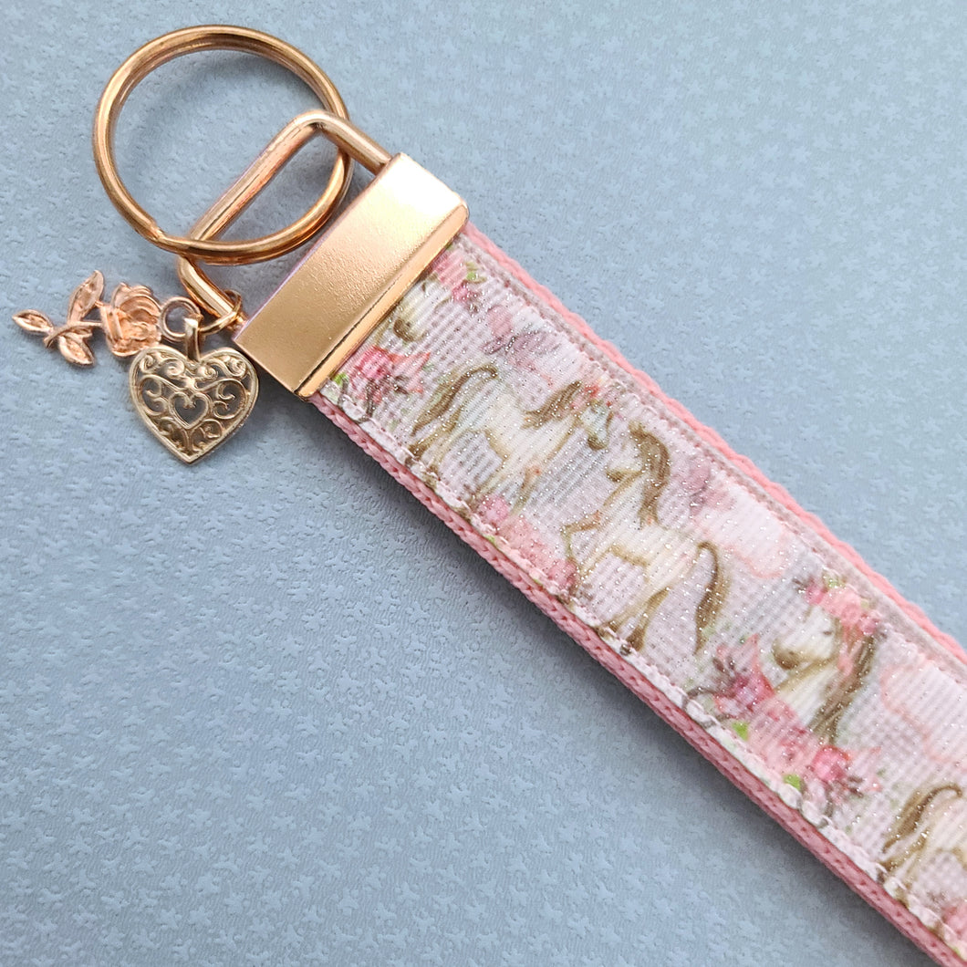 Horses with Wreaths Glittery Key Chain Fob on Pink Rose Gold and Rose Charm