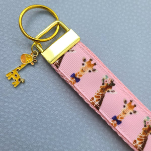 Giraffes on Pink Key Chain Fob with Enameled Giraffe charm