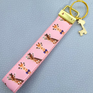 Giraffes on Pink Key Chain Fob with Enameled Giraffe charm