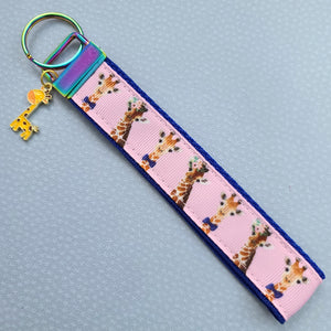 Giraffes on Pink Key Chain Fob with Enameled Giraffe charm