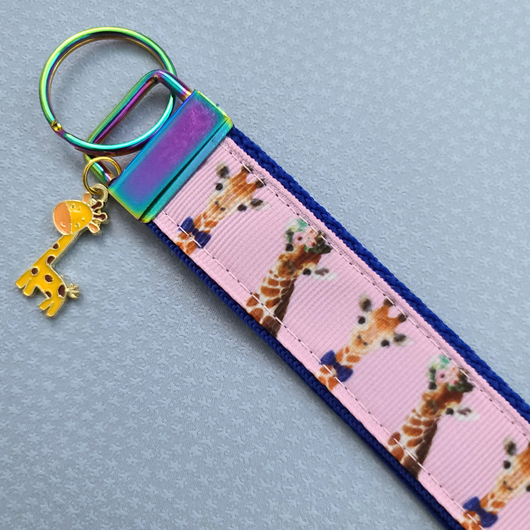 Giraffes on Pink Key Chain Fob with Enameled Giraffe charm