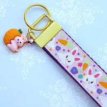 Load image into Gallery viewer, Bunny Flowers &amp; Carrots Glittery Key Chain Fob on Gold with Bunny Charm
