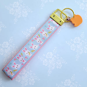 Bunnies with Carrots & Flowers on Light Blue Yellow Gold Key Chain Fob with Enameled Bunny Charm