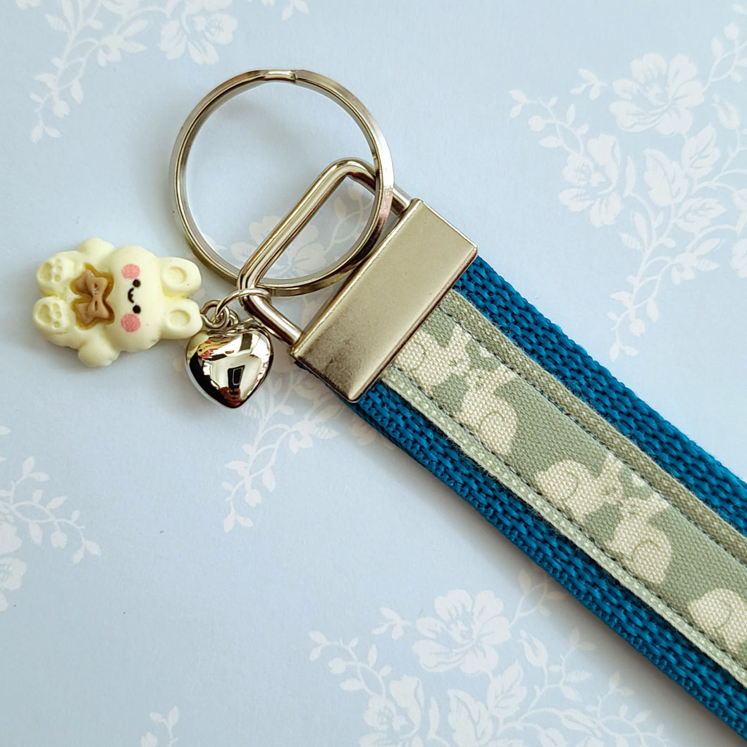 Bunnies In Love on Blue Keychain Fob with Cute Bunny Charm