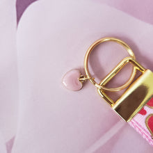 Load image into Gallery viewer, Hearts with Sparkles on Yellow Gold Key Chain Fob with Enameled Rose or Heart Charm
