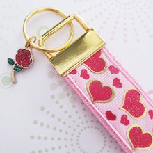 Load image into Gallery viewer, Hearts with Sparkles on Yellow Gold Key Chain Fob with Enameled Rose or Heart Charm
